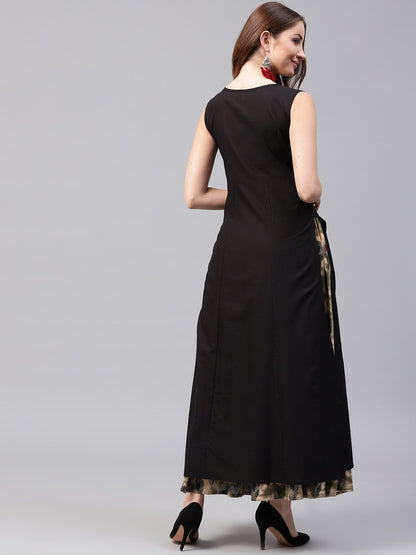 Women's Black Sleeveless Cotton Kurta With Green Printed Flared Skirt