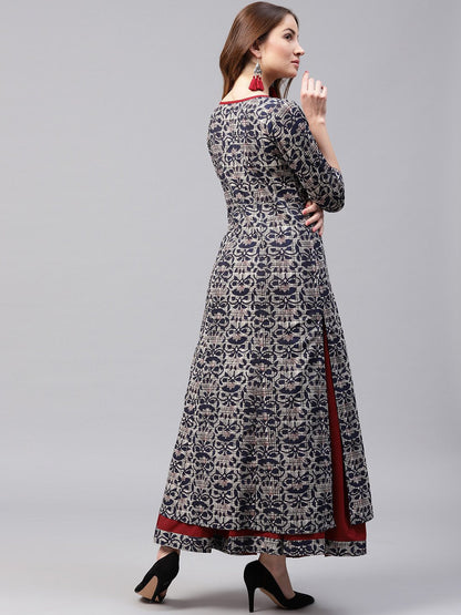 Women's Blue printed 3/4th sleeve cotton kurta with red flared skirt
