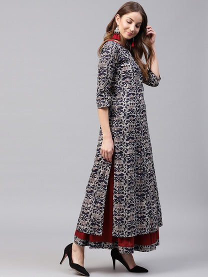 Women's Blue printed 3/4th sleeve cotton kurta with red flared skirt