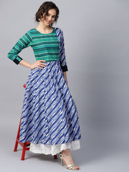 Women's Blue & Green striped 3/4th sleeve cotton Anarkali kurta
