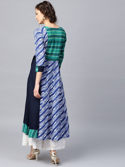 Women's Blue & Green striped 3/4th sleeve cotton Anarkali kurta