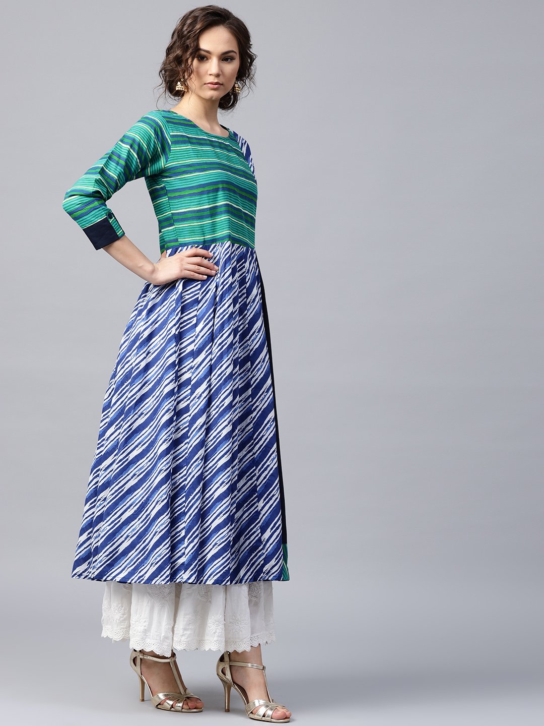 Women's Blue & Green striped 3/4th sleeve cotton Anarkali kurta