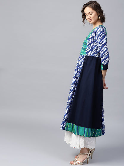 Women's Blue & Green striped 3/4th sleeve cotton Anarkali kurta