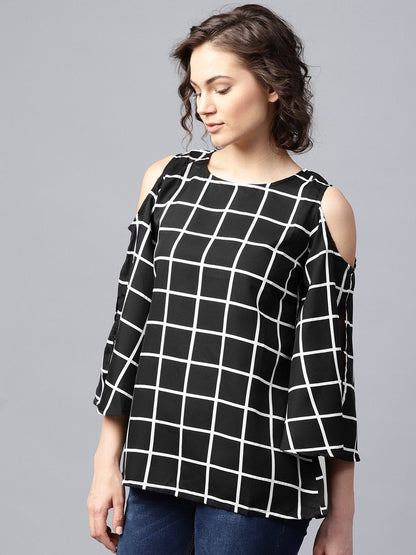 Women's Black Checked 3/4Th Sleeve Cold Shoulder Crepe Tunic
