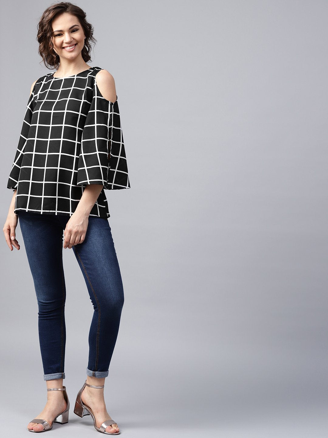 Women's Black Checked 3/4Th Sleeve Cold Shoulder Crepe Tunic