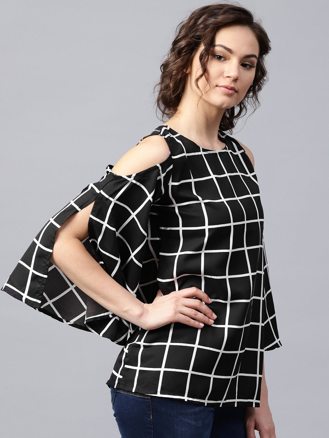 Women's Black Checked 3/4Th Sleeve Cold Shoulder Crepe Tunic