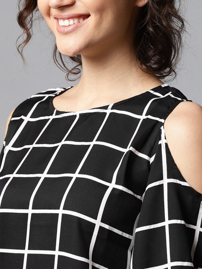Women's Black Checked 3/4Th Sleeve Cold Shoulder Crepe Tunic