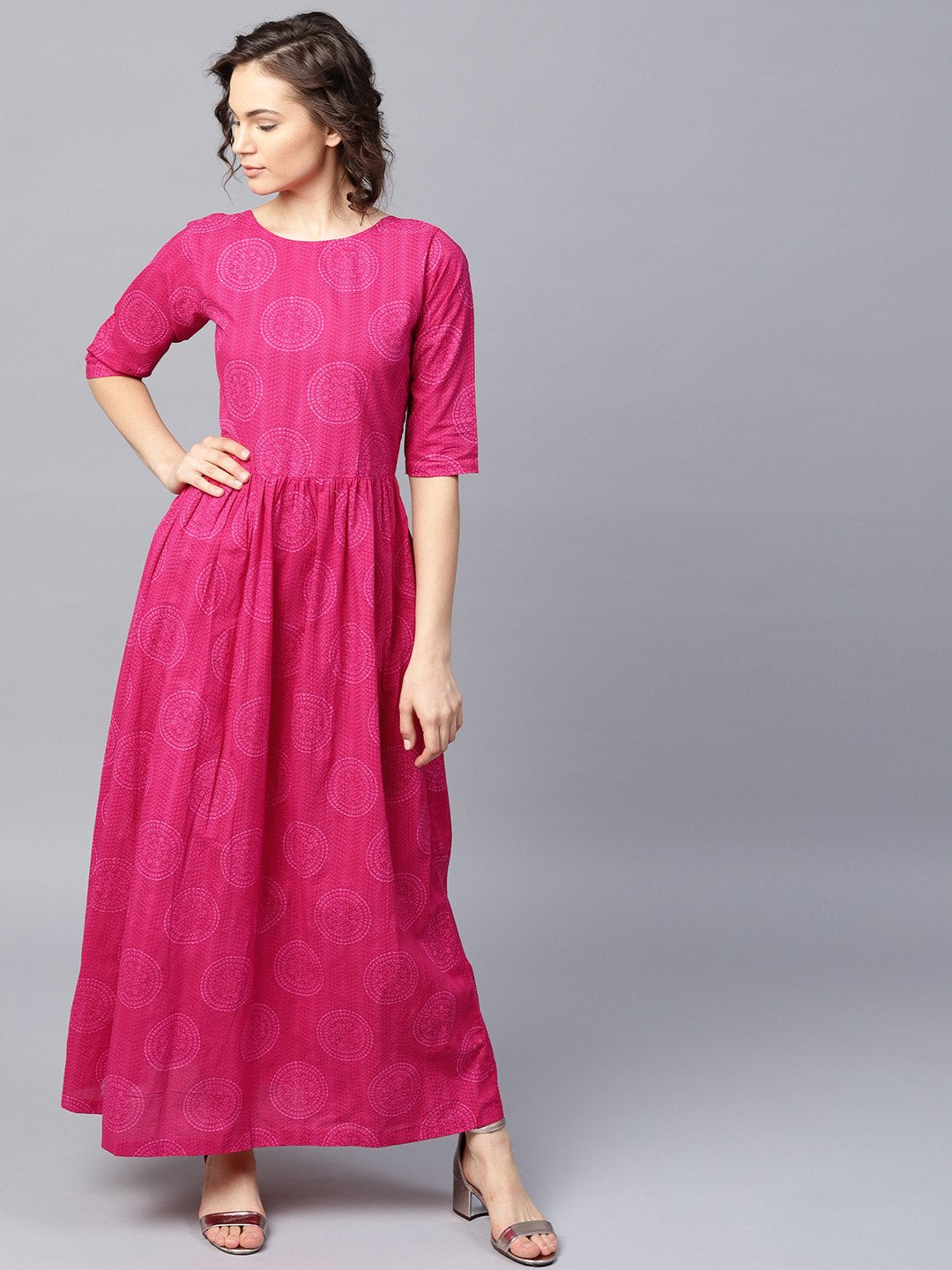 Women's Pink Printed Half Sleeve Cotton Flared Maxi Dress