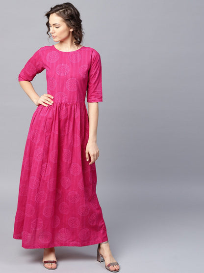 Women's Pink Printed Half Sleeve Cotton Flared Maxi Dress