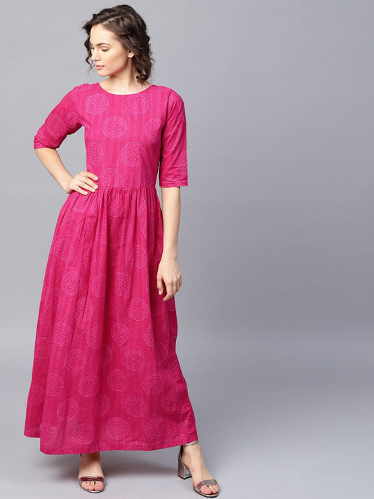 Women's Pink Printed Half Sleeve Cotton Flared Maxi Dress