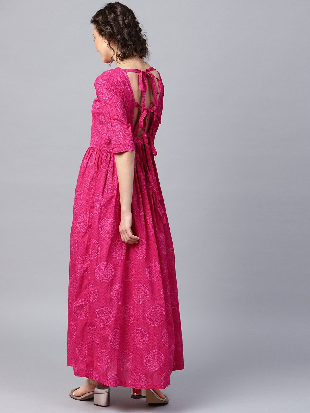 Women's Pink Printed Half Sleeve Cotton Flared Maxi Dress