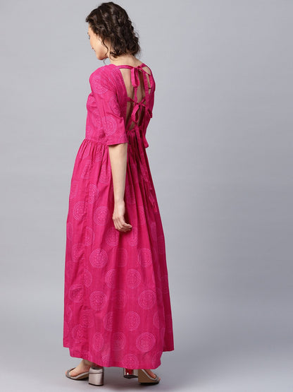 Women's Pink Printed Half Sleeve Cotton Flared Maxi Dress