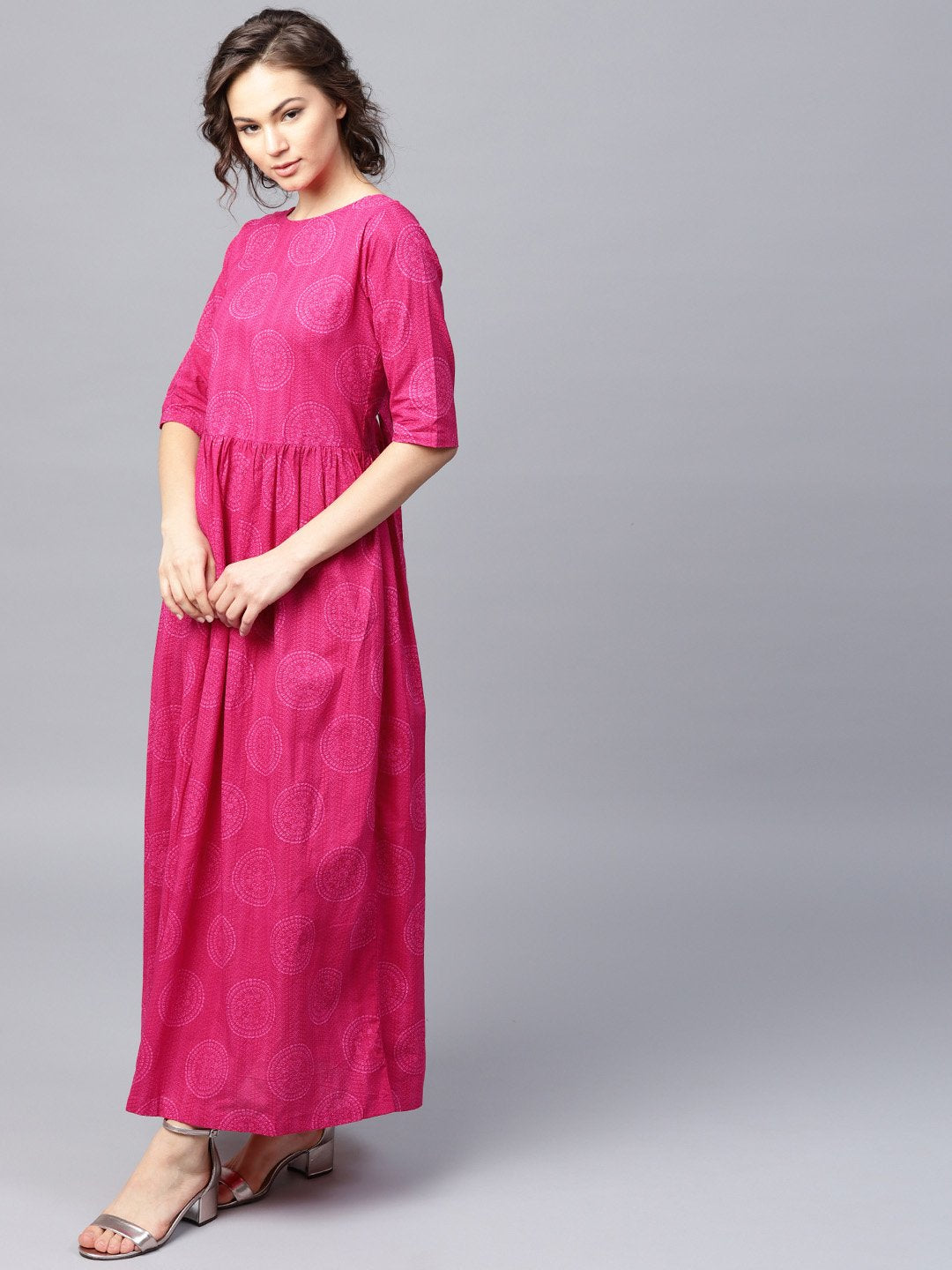 Women's Pink Printed Half Sleeve Cotton Flared Maxi Dress