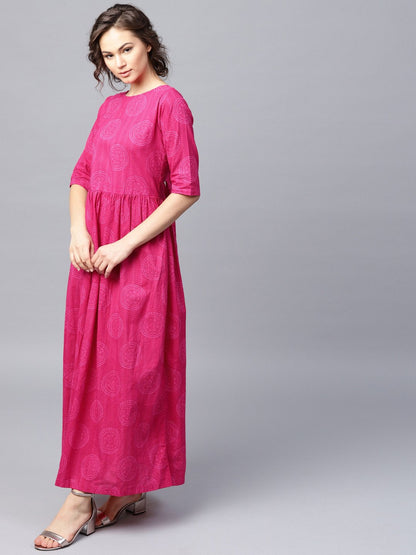 Women's Pink Printed Half Sleeve Cotton Flared Maxi Dress