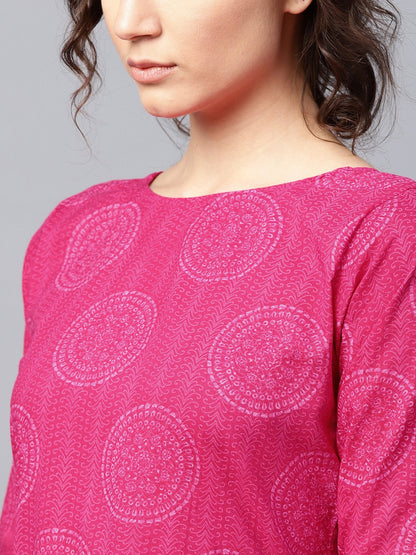 Women's Pink Printed Half Sleeve Cotton Flared Maxi Dress