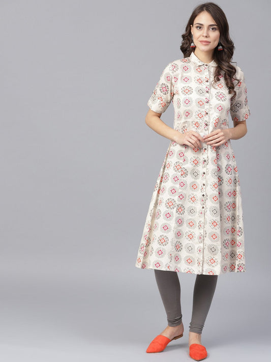 Women's Off White Printed Half Sleeve Front Open Flex A-Line Kurta