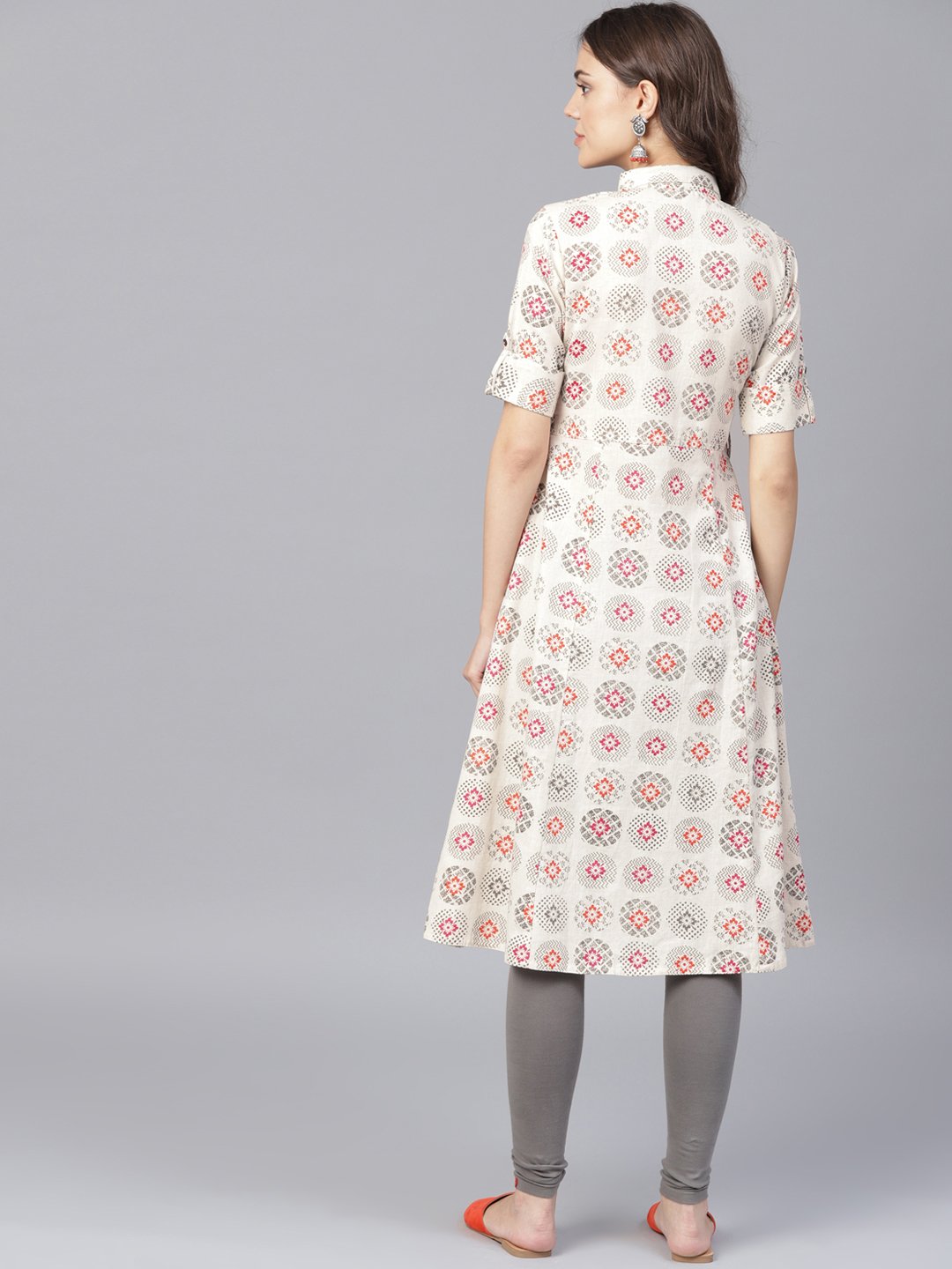 Women's Off White Printed Half Sleeve Front Open Flex A-Line Kurta