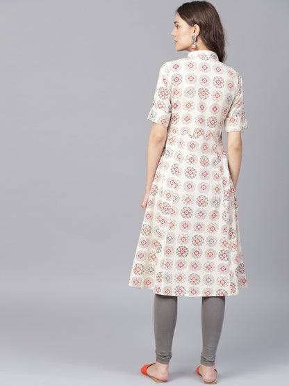 Women's Off White Printed Half Sleeve Front Open Flex A-Line Kurta