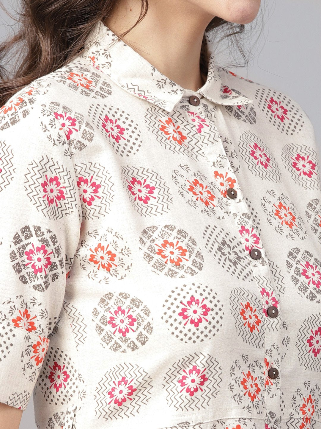 Women's Off White Printed Half Sleeve Front Open Flex A-Line Kurta