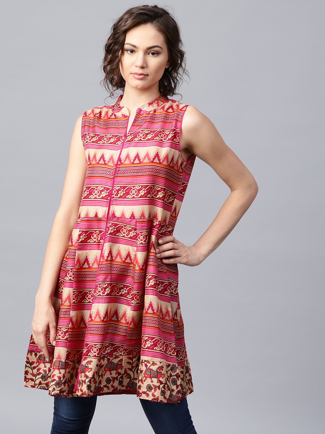 Women's Pink And Blue Printed Sleeveless Cotton Maxi Dress With Pocket