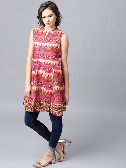 Women's Pink And Blue Printed Sleeveless Cotton Maxi Dress With Pocket