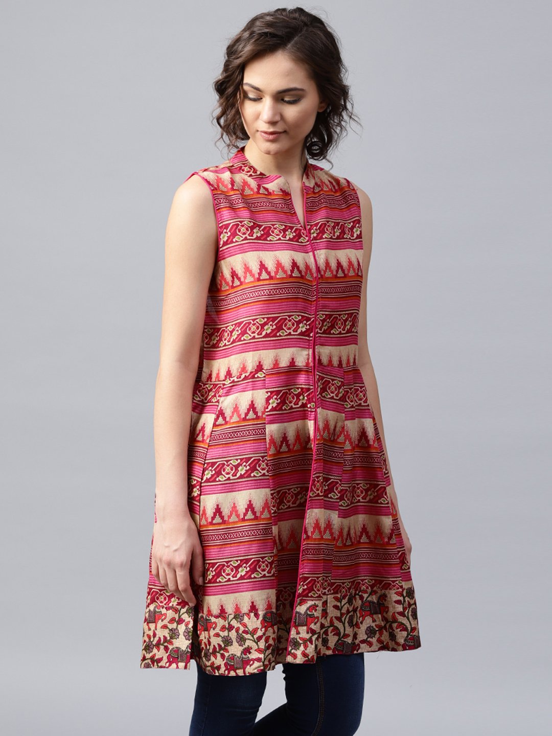 Women's Pink And Blue Printed Sleeveless Cotton Maxi Dress With Pocket