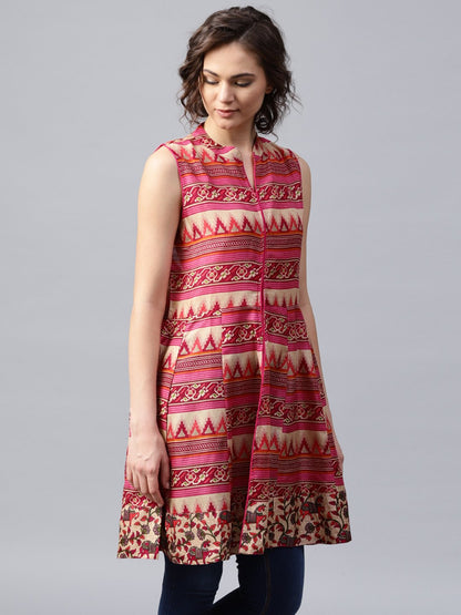 Women's Pink And Blue Printed Sleeveless Cotton Maxi Dress With Pocket