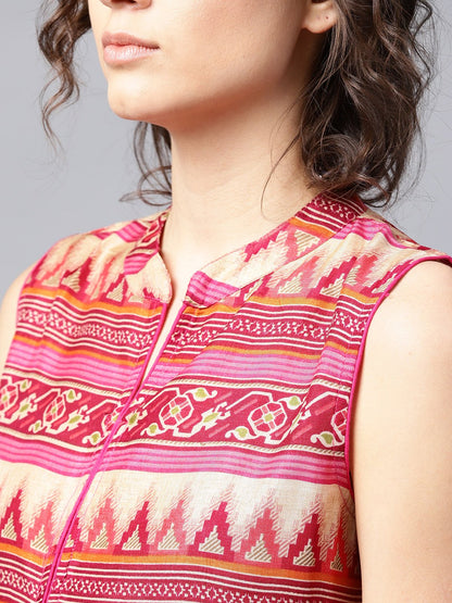 Women's Pink And Blue Printed Sleeveless Cotton Maxi Dress With Pocket
