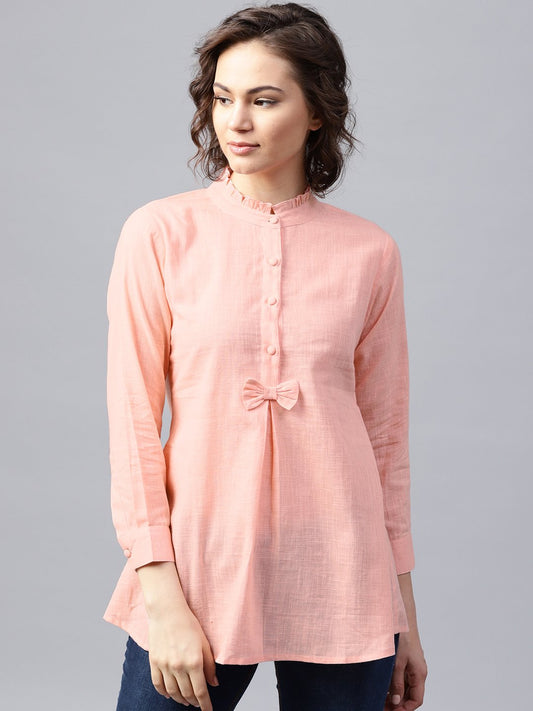 Women's Pink Full Sleeve Cotton Slub A-Line Tunic