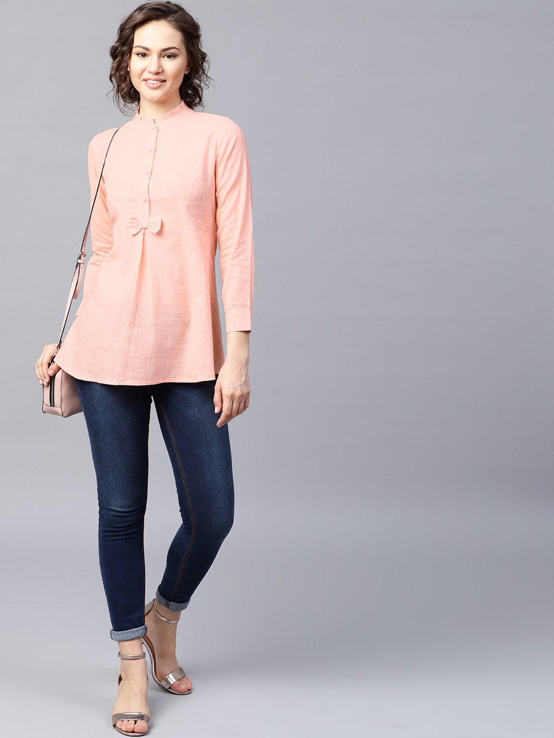 Women's Pink Full Sleeve Cotton Slub A-Line Tunic
