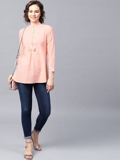 Women's Pink Full Sleeve Cotton Slub A-Line Tunic