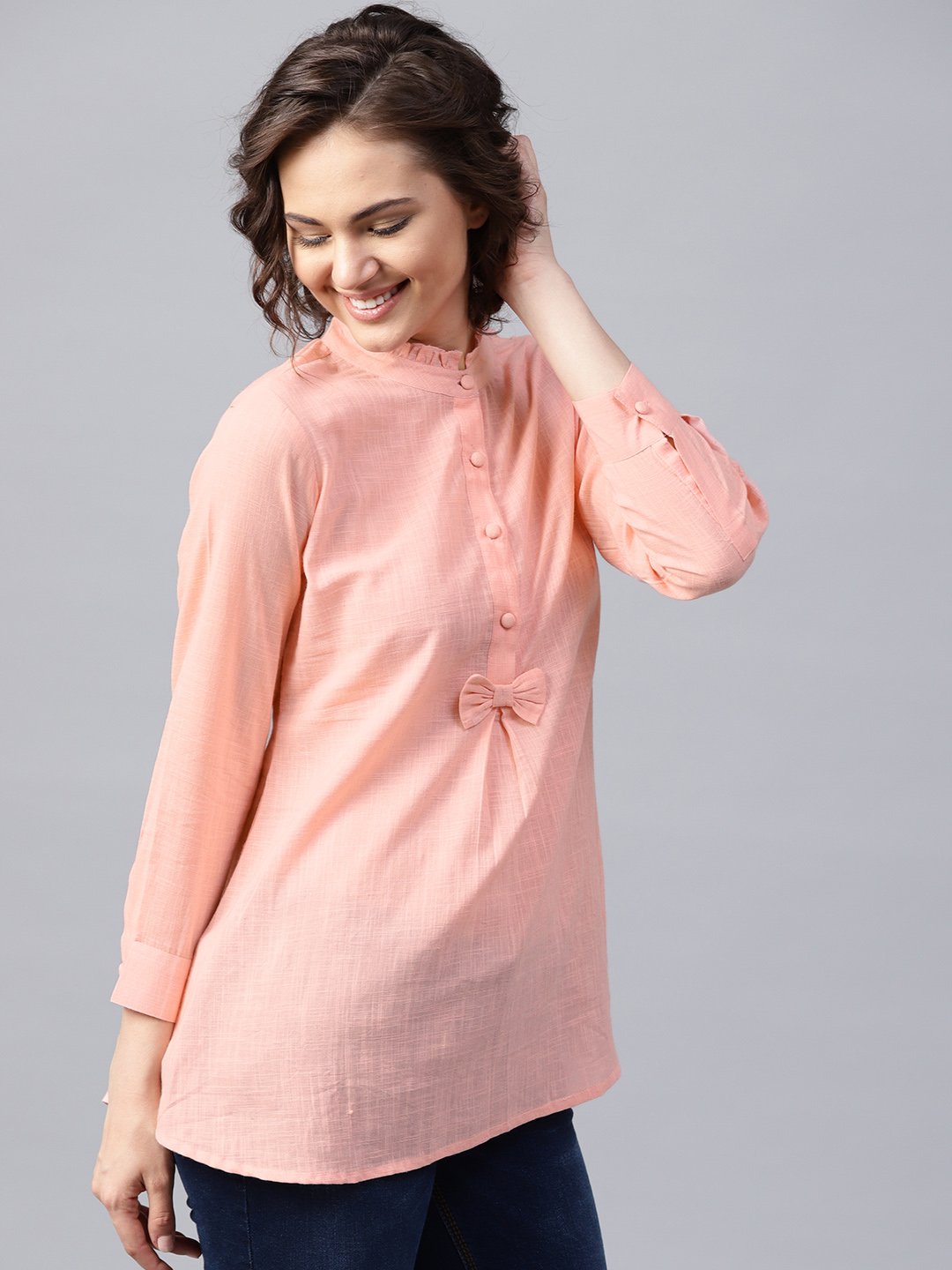 Women's Pink Full Sleeve Cotton Slub A-Line Tunic