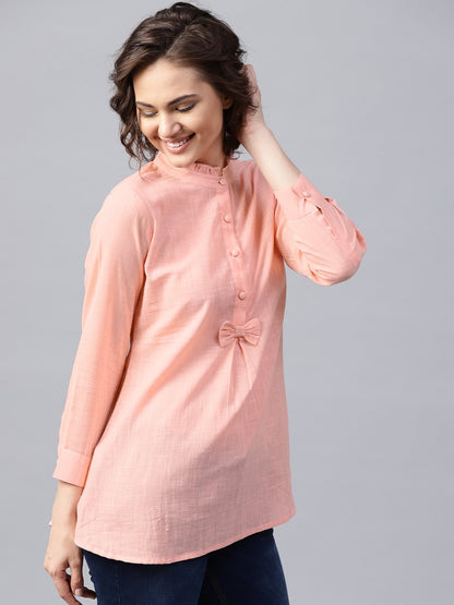 Women's Pink Full Sleeve Cotton Slub A-Line Tunic