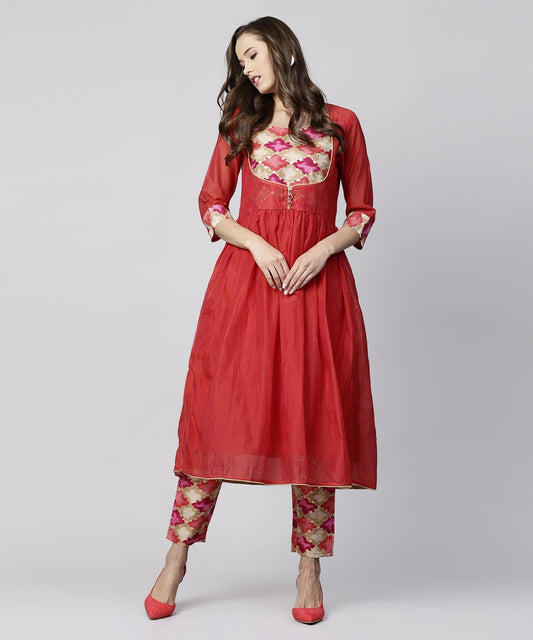 Women's Red 3/4Th Sleeve Chanderi Printed Anarkali Kurta With Printed Palazzo