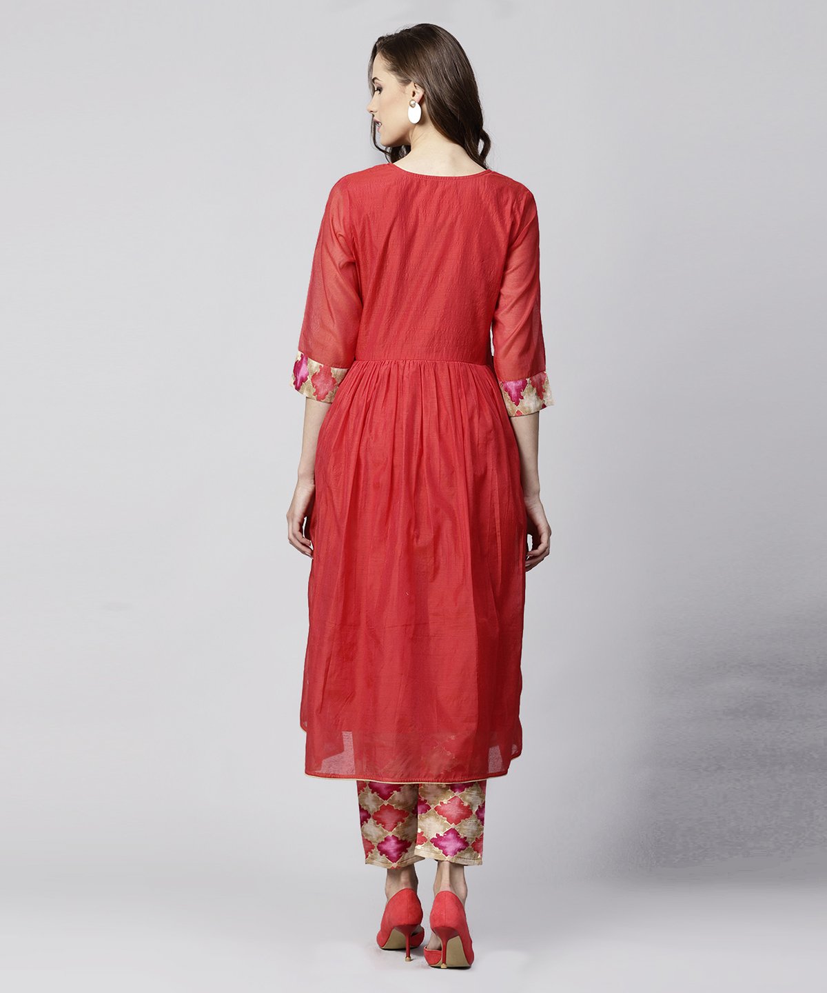Women's Red 3/4Th Sleeve Chanderi Printed Anarkali Kurta With Printed Palazzo