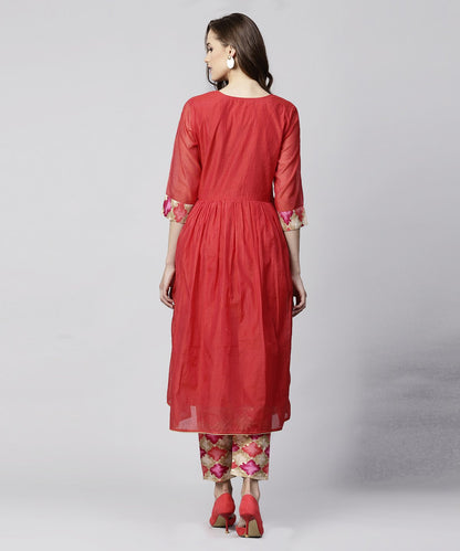 Women's Red 3/4Th Sleeve Chanderi Printed Anarkali Kurta With Printed Palazzo