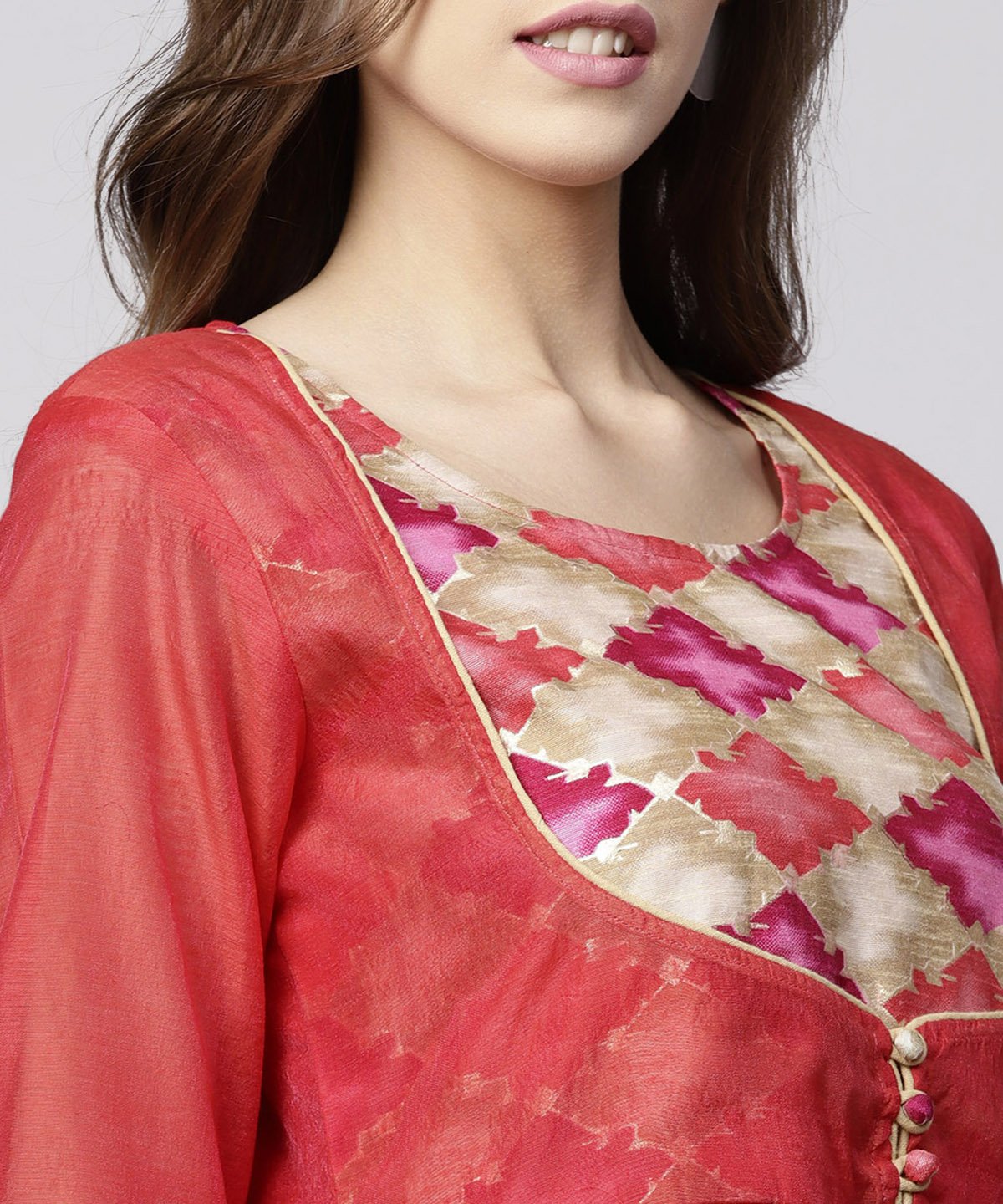 Women's Red 3/4Th Sleeve Chanderi Printed Anarkali Kurta With Printed Palazzo