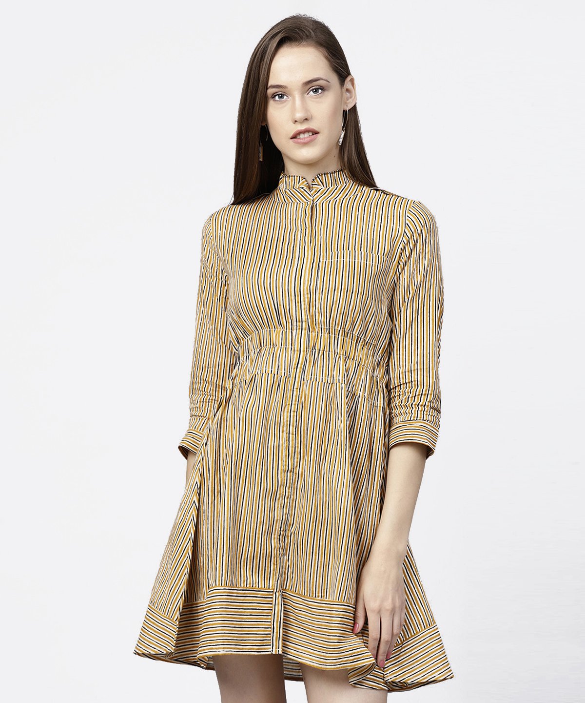 Women's Yellow 3/4Th Sleeve Striped Cotton Dress