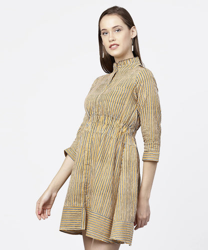 Women's Yellow 3/4Th Sleeve Striped Cotton Dress