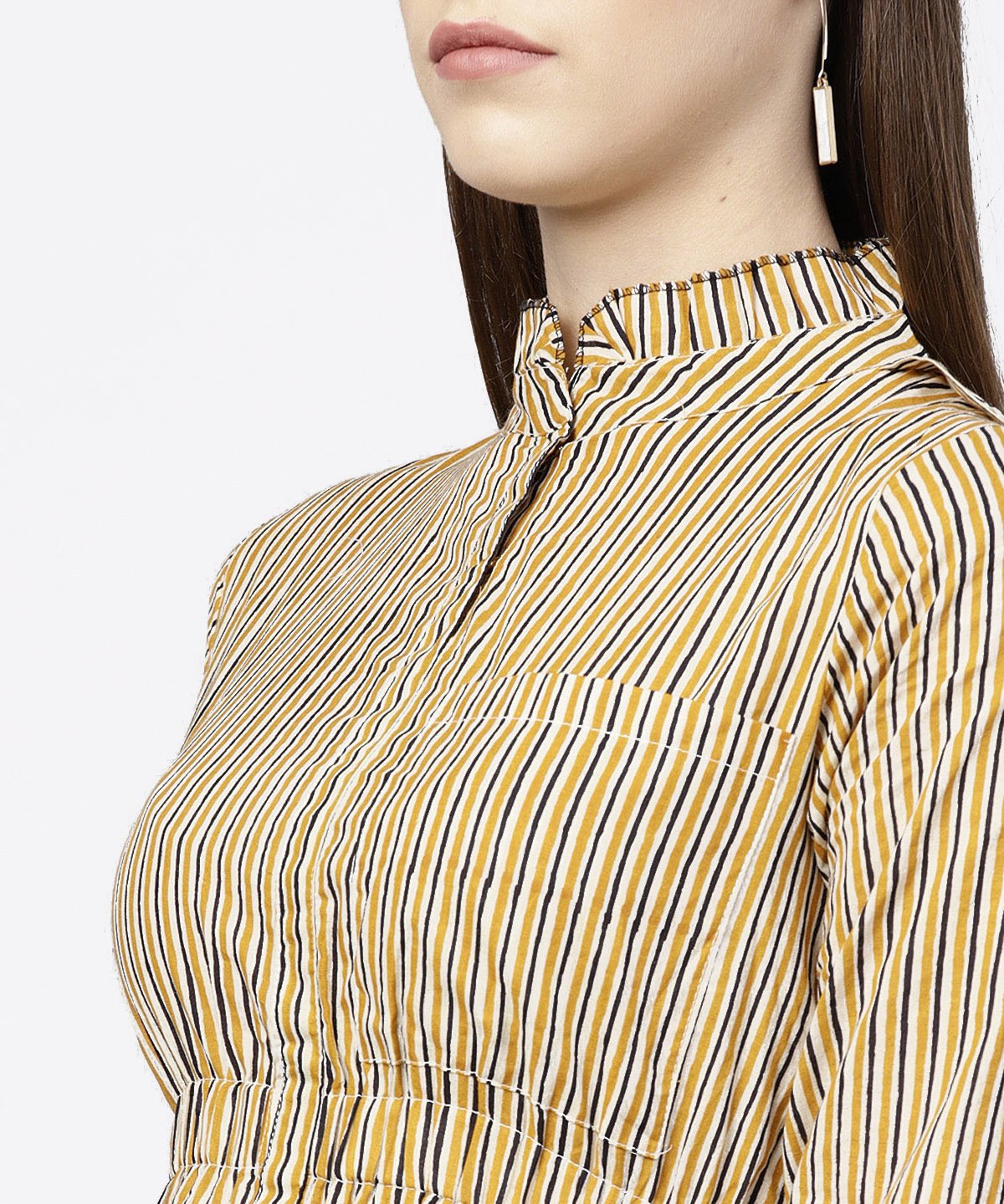 Women's Yellow 3/4Th Sleeve Striped Cotton Dress