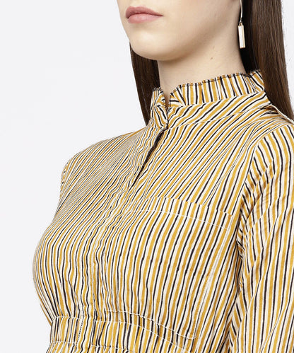 Women's Yellow 3/4Th Sleeve Striped Cotton Dress
