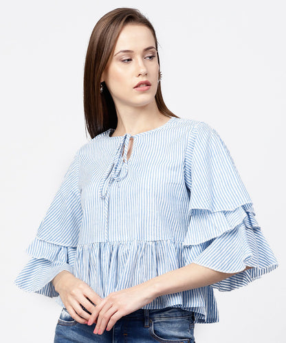 Women's Blue Striped 3/4Th Umbrella Sleeves Cotton A-Line Tops