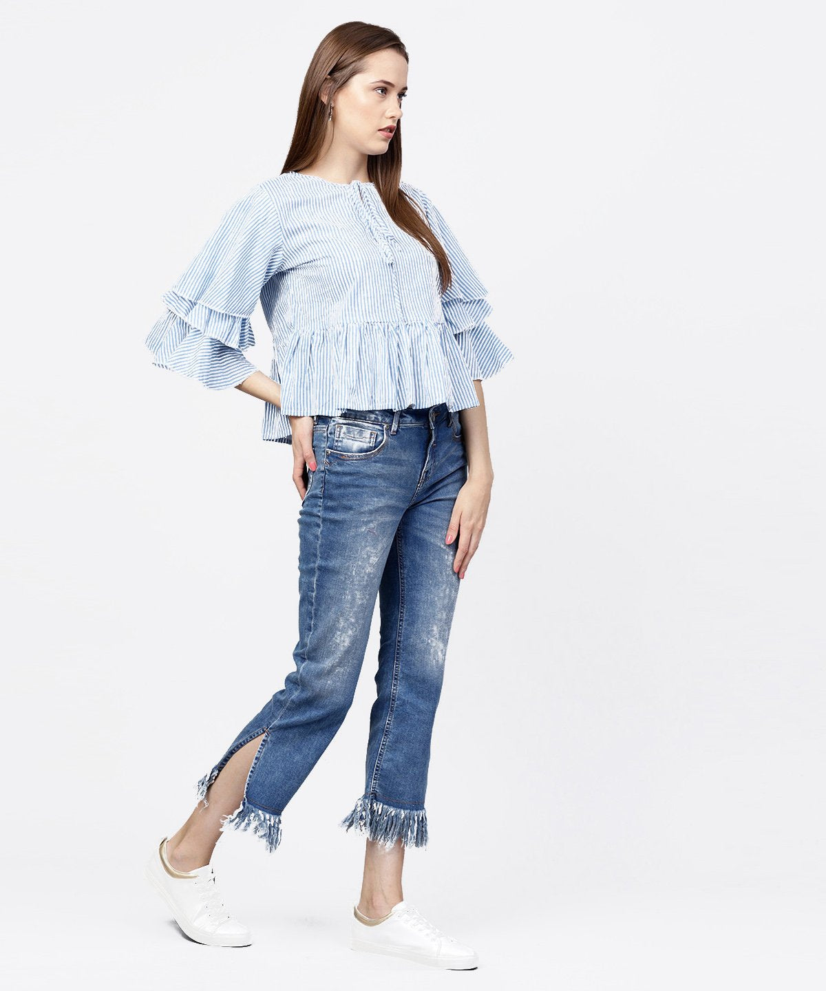 Women's Blue Striped 3/4Th Umbrella Sleeves Cotton A-Line Tops