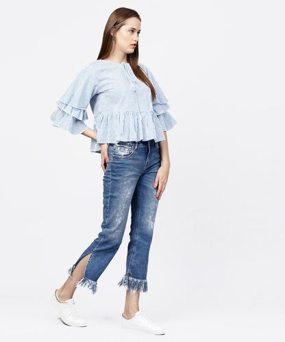 Women's Blue Striped 3/4Th Umbrella Sleeves Cotton A-Line Tops