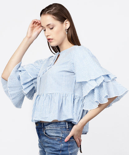 Women's Blue Striped 3/4Th Umbrella Sleeves Cotton A-Line Tops