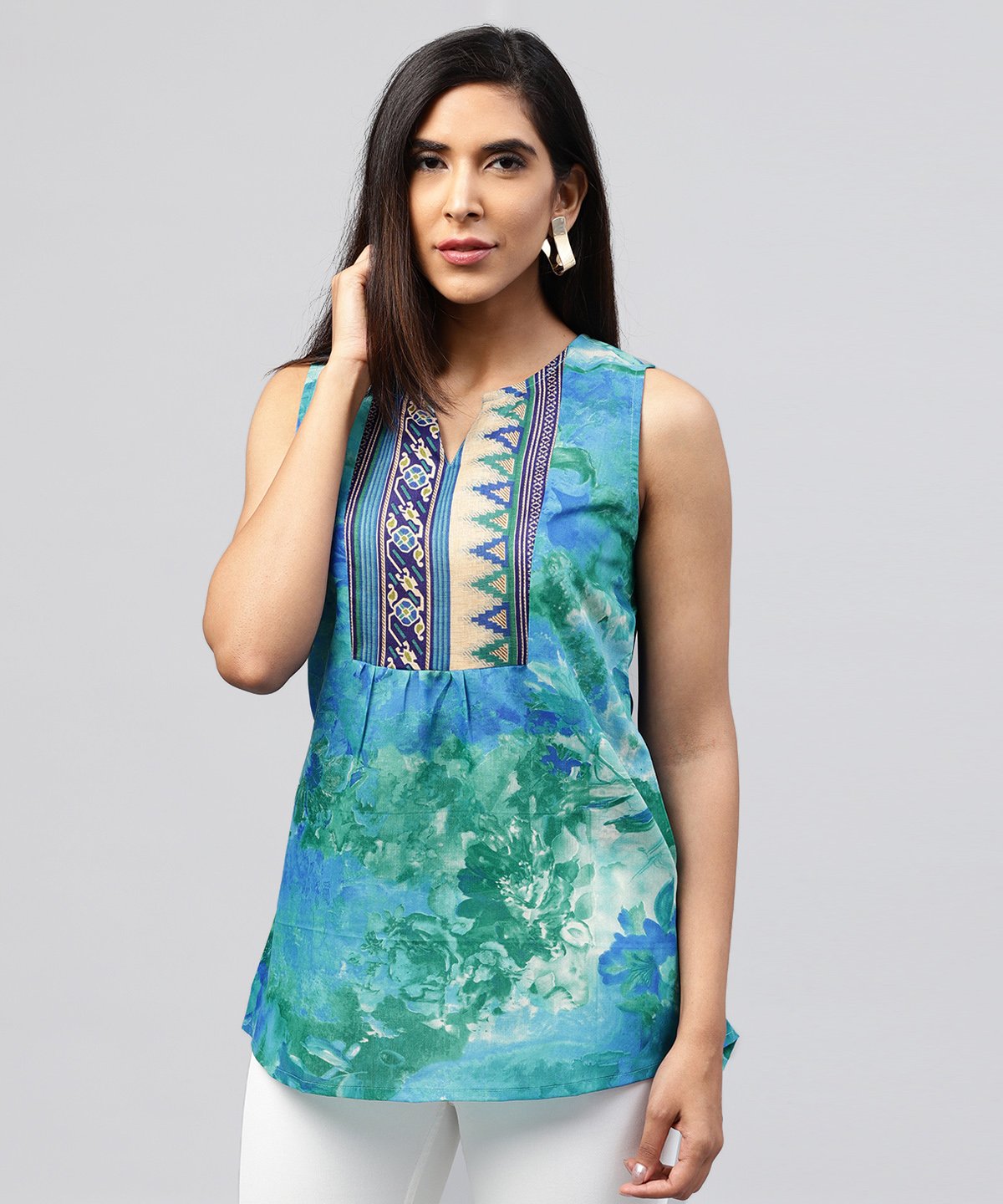 Women's Blue Banglori Printed Sleeveless Tops