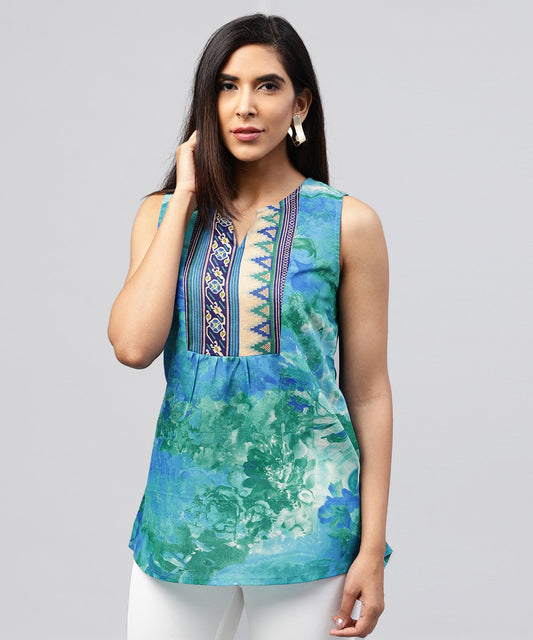 Women's Blue Banglori Printed Sleeveless Tops