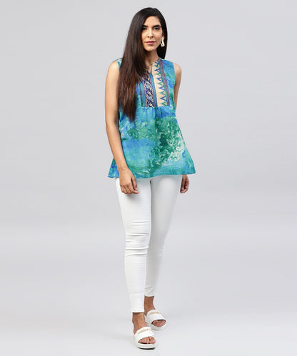 Women's Blue Banglori Printed Sleeveless Tops