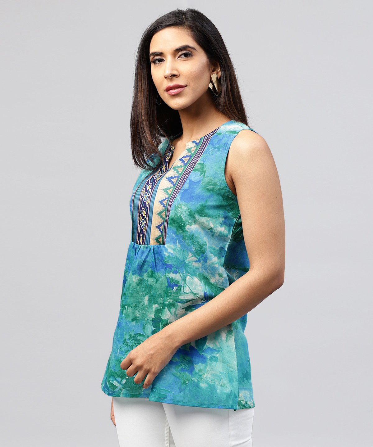 Women's Blue Banglori Printed Sleeveless Tops