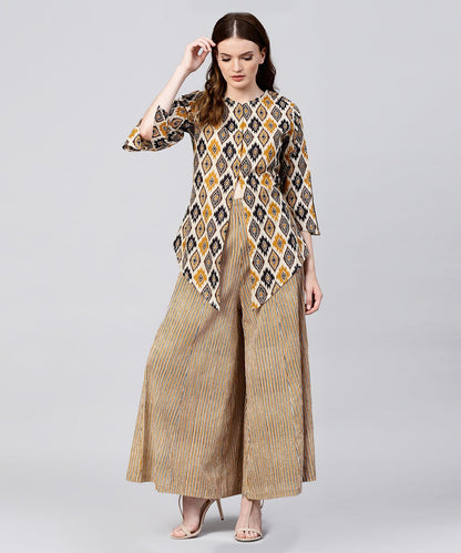 Women's Yellow Printed 3/4Th Sleeve Cotton Assymetric Tops With Striped Flared Skirt